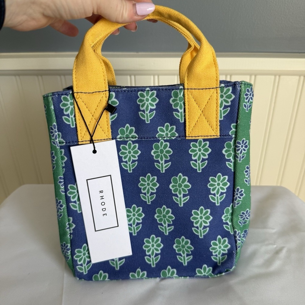 Rhode Anka Mini Canvas Top Handle Tote Bag Purse Cobalt Blue Yellow Floral